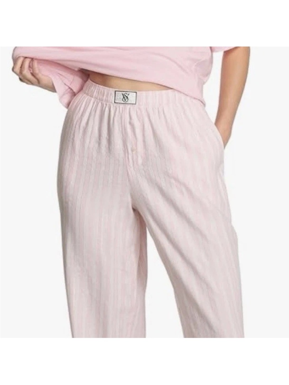 Victoria’s Secret Pink Stripe Pajama Pants Rhinestone Logo Patch Size S NWOT